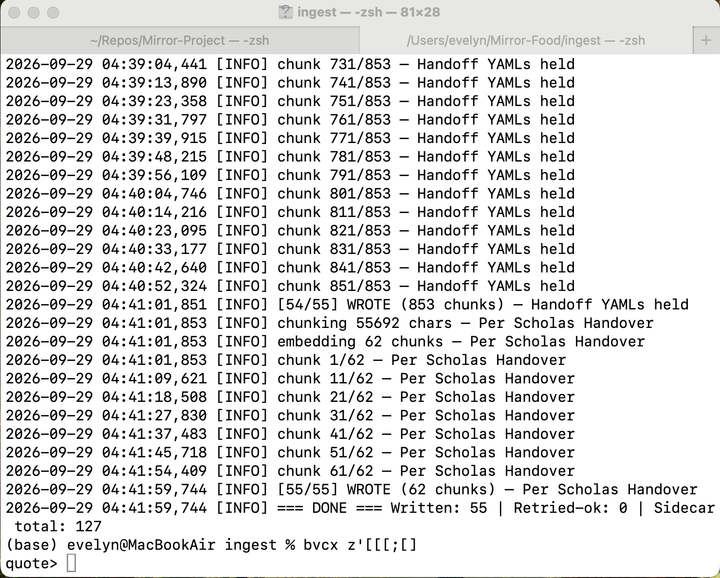 Ingest log final minutes: heartbeats climbing, last conversation written, DONE banner — Written: 55, Sidecar total: 127